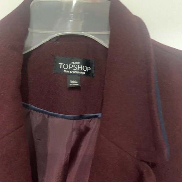 Topshop Petite Burgundy Brown Gold Zipper Pockets Wool Blend Coat - Size 10 - Picture 4 of 7